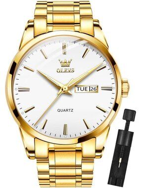 Men's Gold White Analog Quartz Stainless Steel Luxury Luminous Waterproof Watch